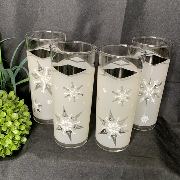 Set of 4 Vintage Anchor Hocking snowflake frosted black & white Highball Glasses - Picture 8 of 8